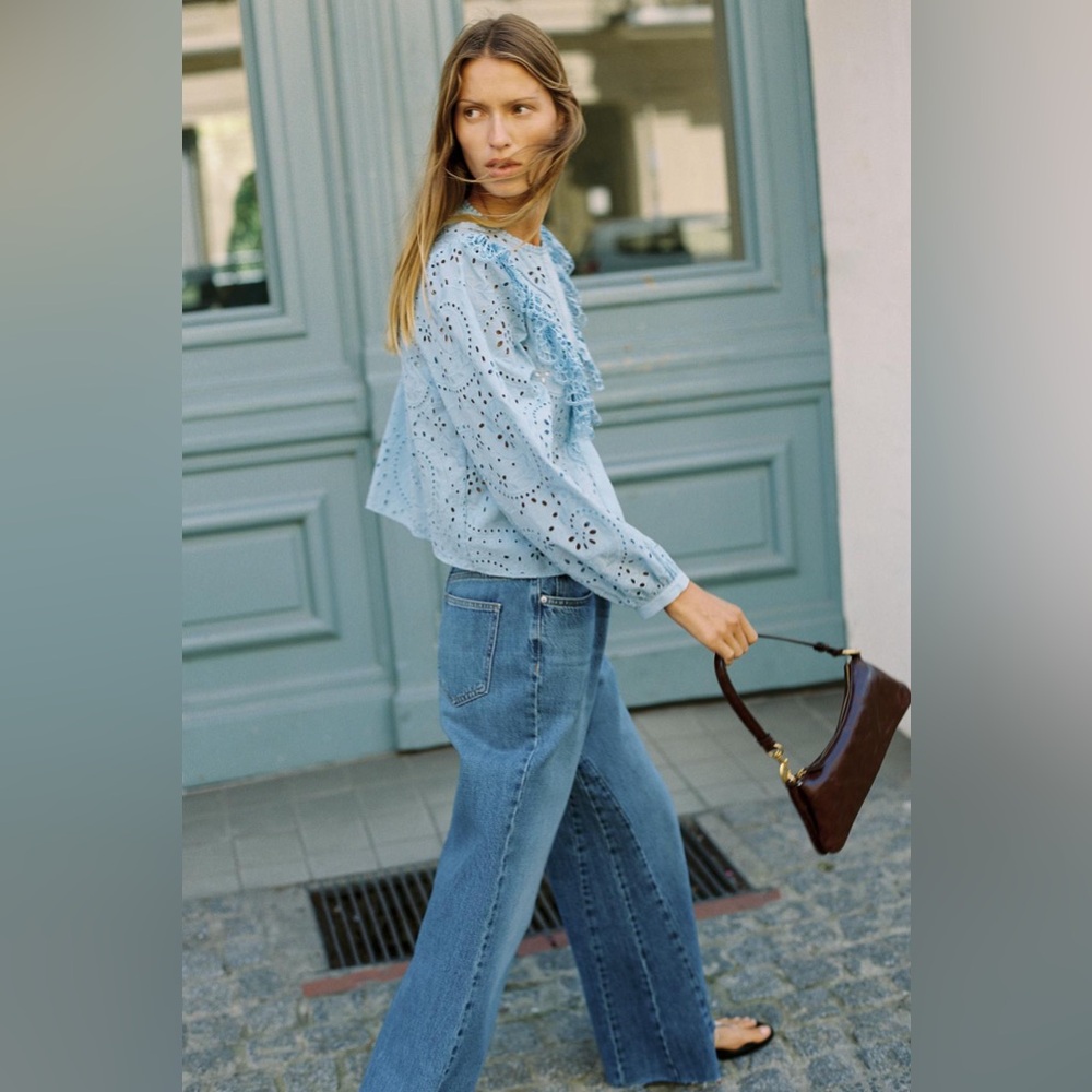 Zara Perforated Embroidery Shirt | Pastel Blue | Sz XS | NWT - Picture 7 of 10